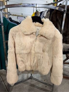 Cream Dyed Rabbit Fur Jacket Size Large Made in Hong Kong